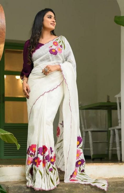 Satranga MG346 Plain Linen Saree with Digital Print & Cutwork Border