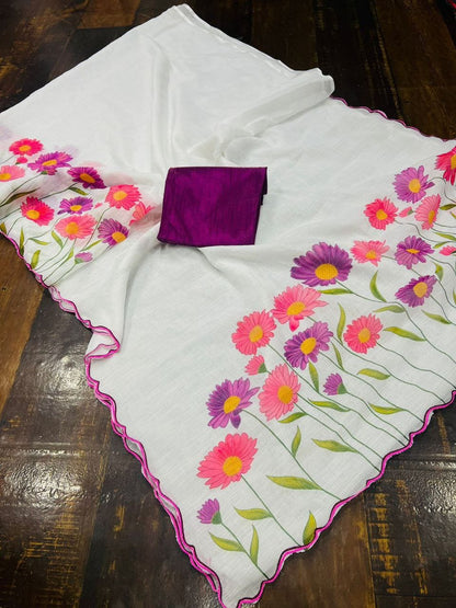 Satranga MG346 Plain Linen Saree with Digital Print & Cutwork Border