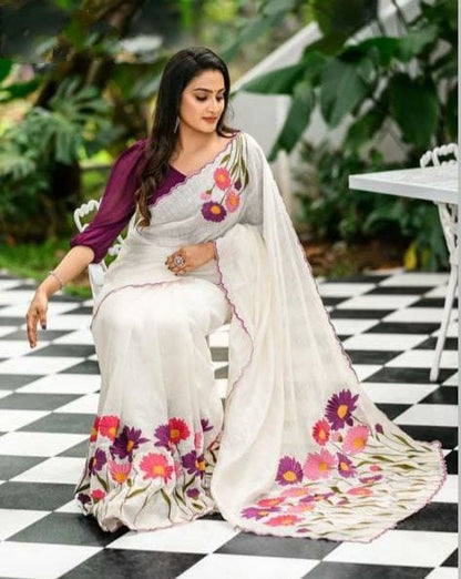 Satranga MG346 Plain Linen Saree with Digital Print & Cutwork Border