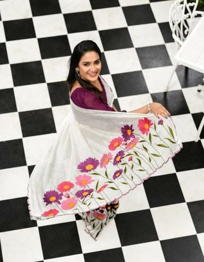 Satranga MG346 Plain Linen Saree with Digital Print & Cutwork Border