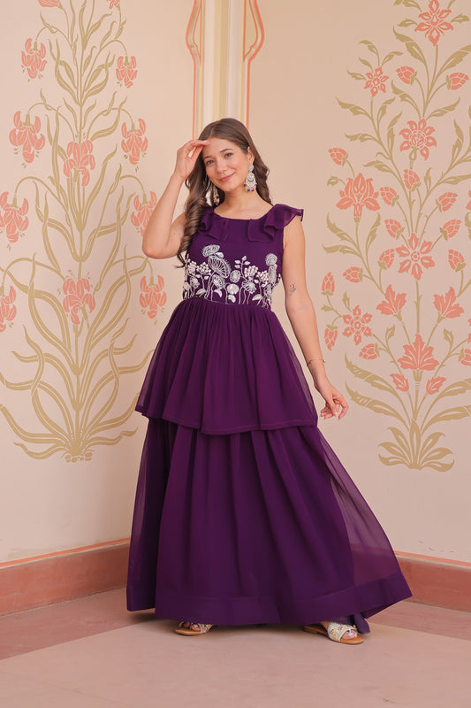 Peplum Style Gown with Bead Embroidery in Faux Blooming Fabric – KA-1175 Purple