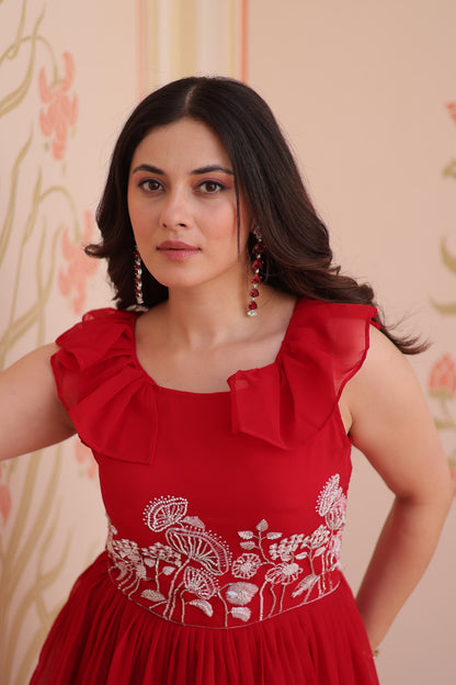 Peplum Style Gown with Bead Embroidery in Faux Blooming Fabric – KA-1175 Red