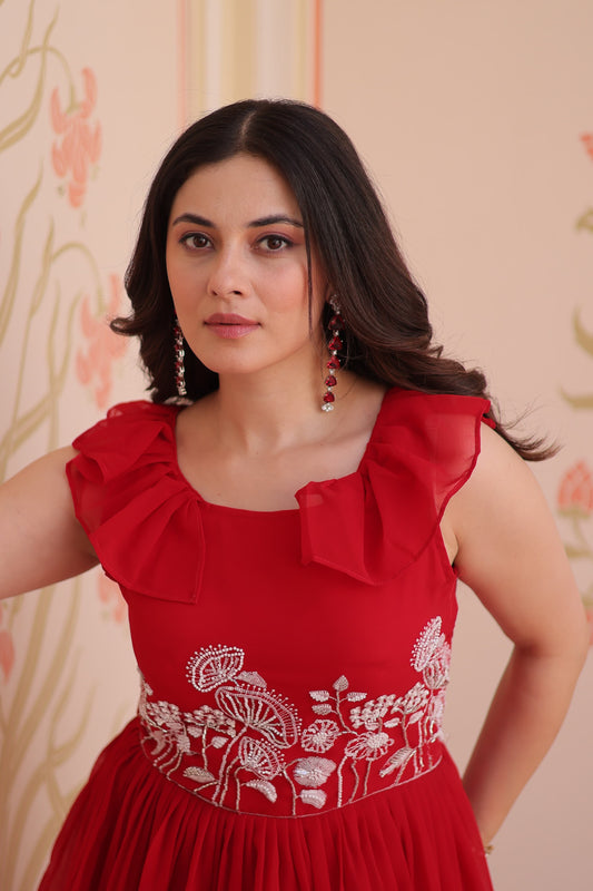 Peplum Style Gown with Bead Embroidery in Faux Blooming Fabric – KA-1175 Red