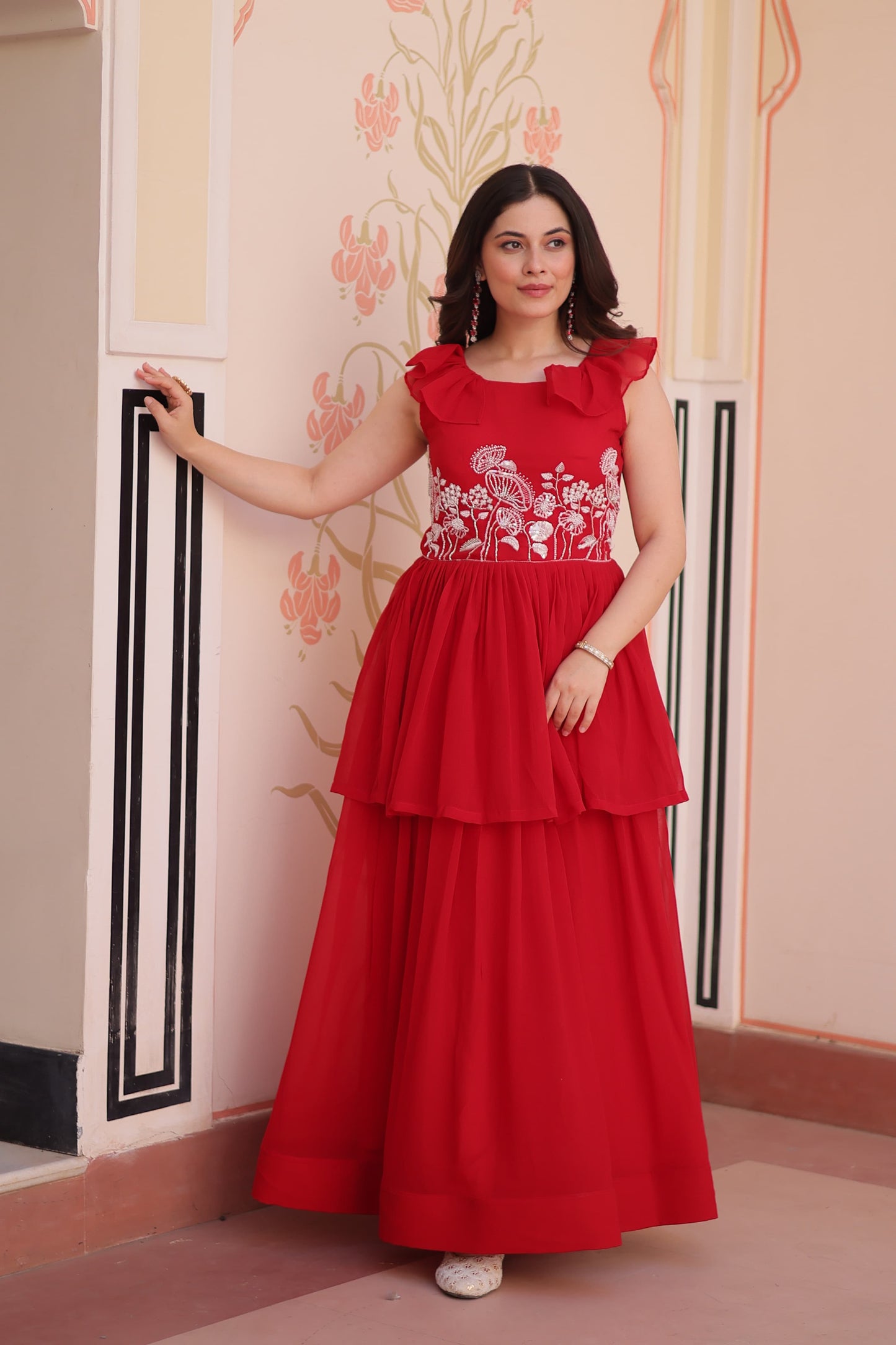 Peplum Style Gown with Bead Embroidery in Faux Blooming Fabric – KA-1175 Red