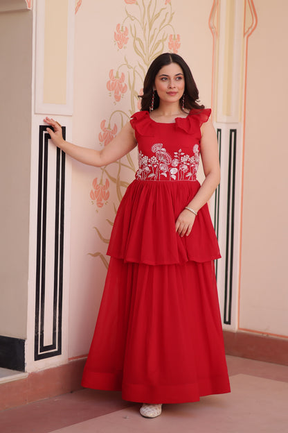 Peplum Style Gown with Bead Embroidery in Faux Blooming Fabric – KA-1175 Red