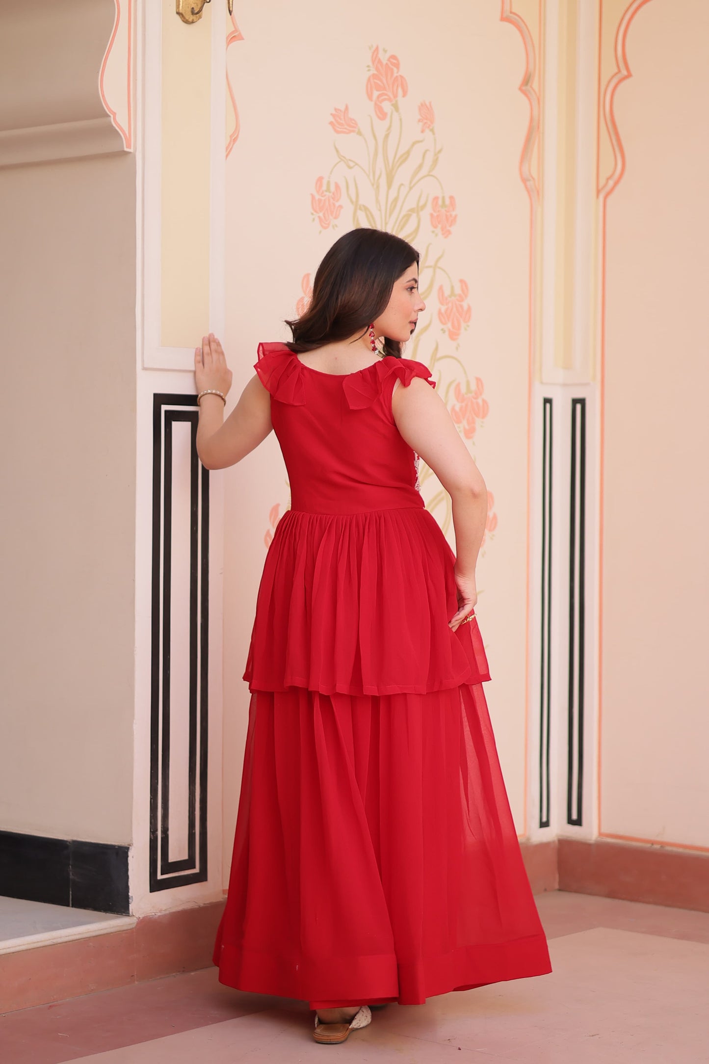 Peplum Style Gown with Bead Embroidery in Faux Blooming Fabric – KA-1175 Red