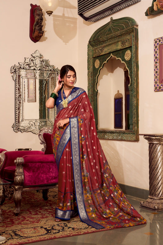 VEDANTI Poly Cotton Saree with Kalamkari Print & Zari Weaving Border  - YNF7031MRN