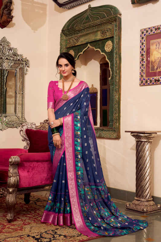 VEDANTI Poly Cotton Saree with Kalamkari Print & Zari Weaving Border  - YNF7031NBL