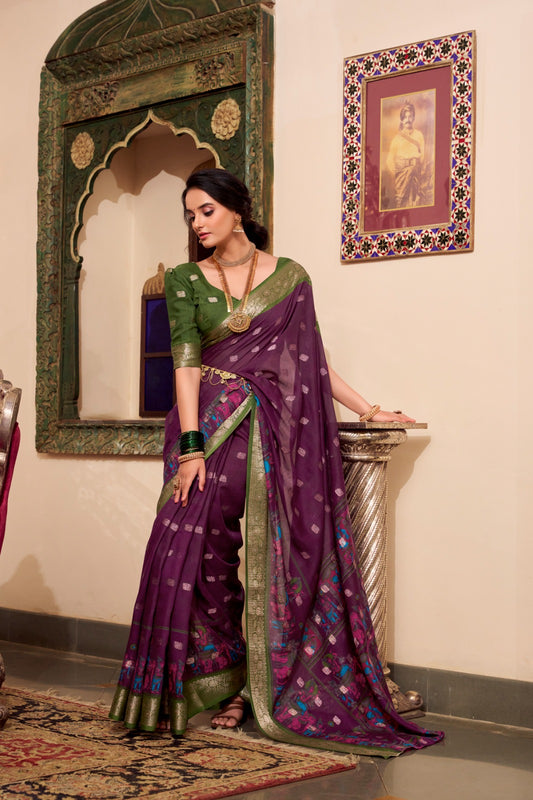 VEDANTI Poly Cotton Saree with Kalamkari Print & Zari Weaving Border  - YNF7031WIN