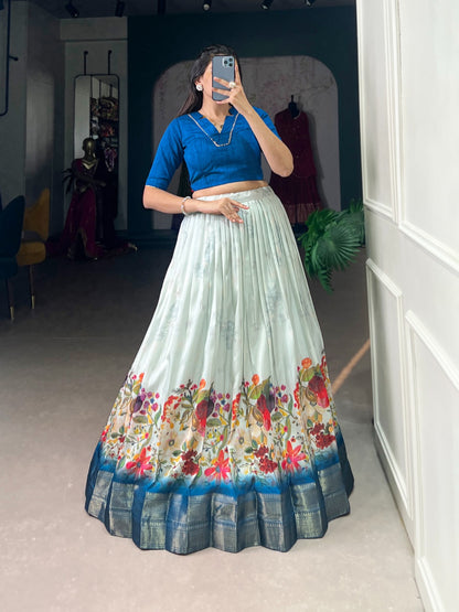 Floral Cotton Silk Lehenga Choli with Zari Border & Stitched Blouse – NNK1128RBL