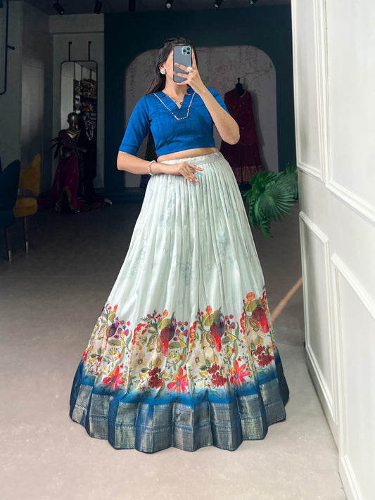 Floral Cotton Silk Lehenga Choli with Zari Border & Stitched Blouse – NNK1128RBL