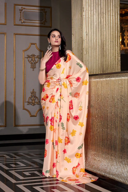 MIKELI Satin Silk Printed Saree with Moonga Silk Hotfix Blouse – YNF7026CRM