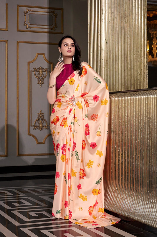 MIKELI Satin Silk Printed Saree with Moonga Silk Hotfix Blouse – YNF7026CRM