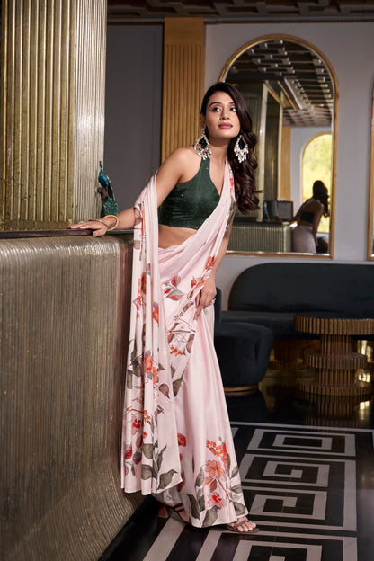 MIKELI Satin Silk Printed Saree with Moonga Silk Hotfix Blouse – YNF7026OWT