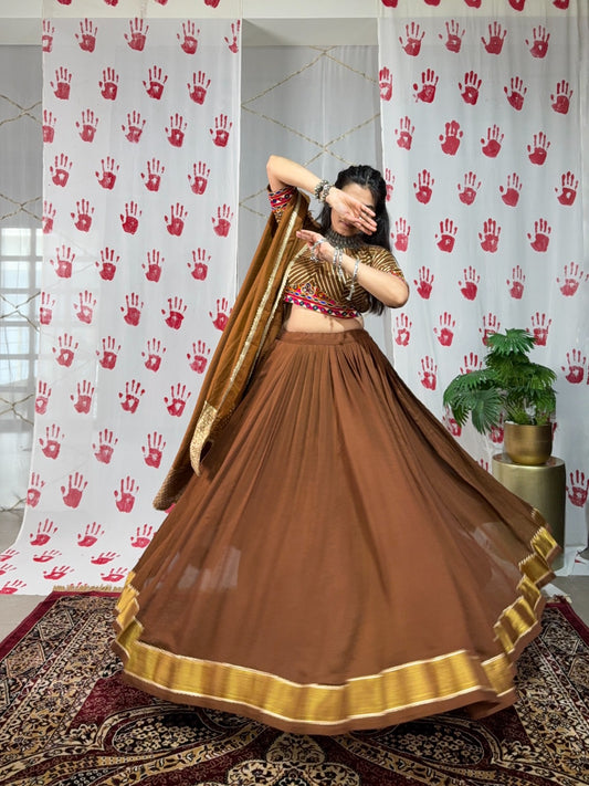 Navratri Special Chanderi Lehenga Choli with Zari & Mirror Gamthi Work – LNB1747BRN