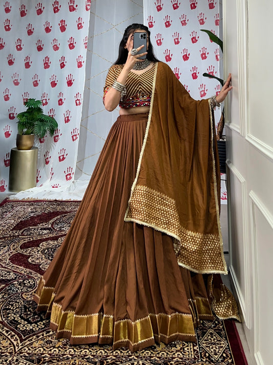 Navratri Special Chanderi Lehenga Choli with Zari & Mirror Gamthi Work – LNB1747BRN