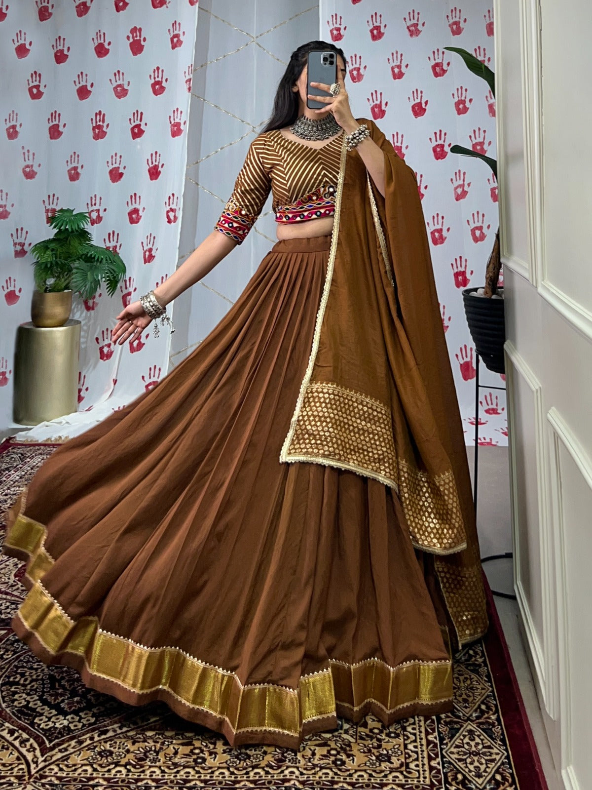 Navratri Special Chanderi Lehenga Choli with Zari & Mirror Gamthi Work – LNB1747BRN