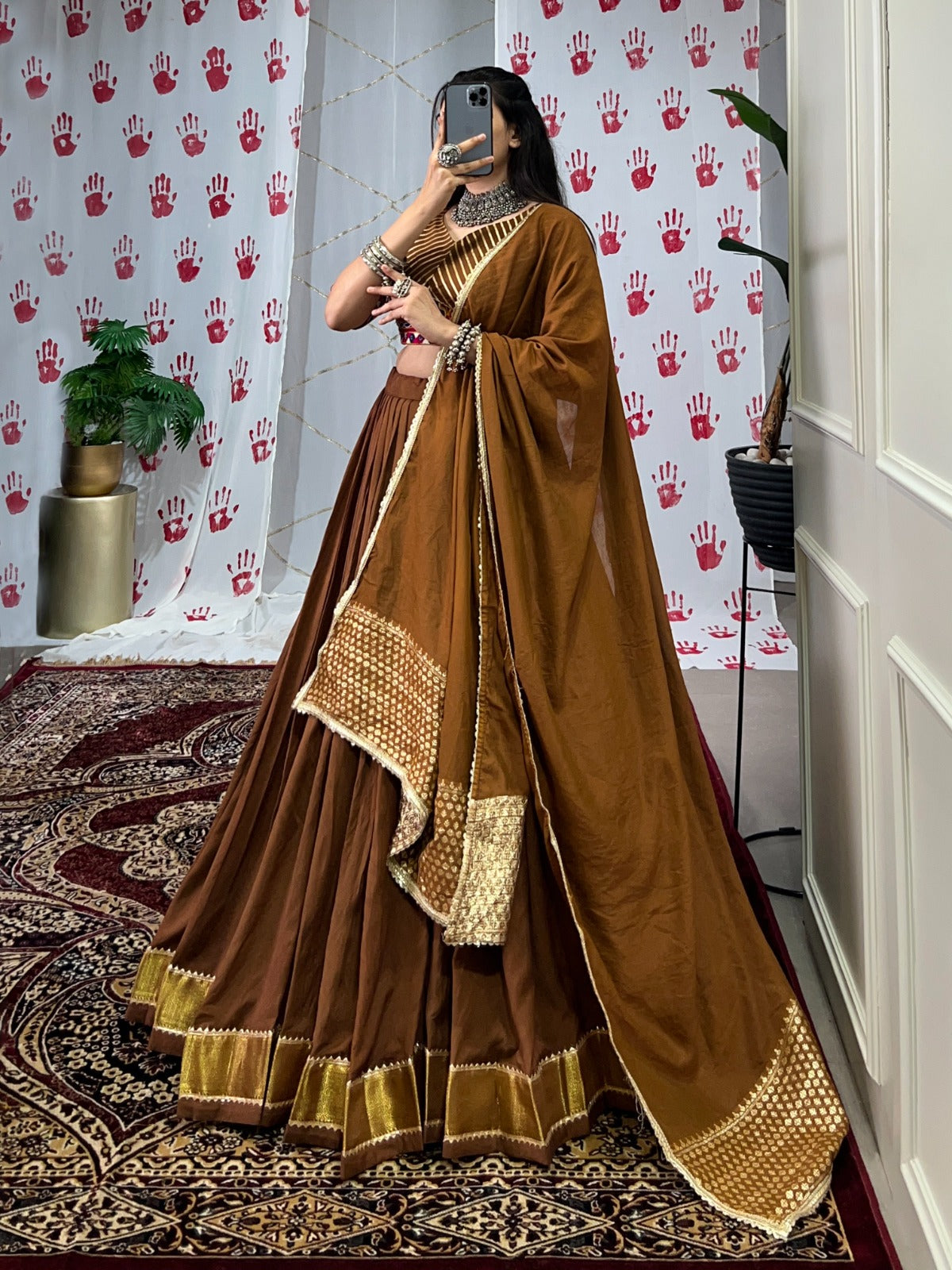 Navratri Special Chanderi Lehenga Choli with Zari & Mirror Gamthi Work – LNB1747BRN