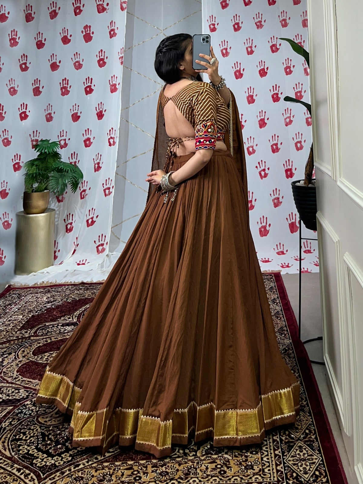 Navratri Special Chanderi Lehenga Choli with Zari & Mirror Gamthi Work – LNB1747BRN