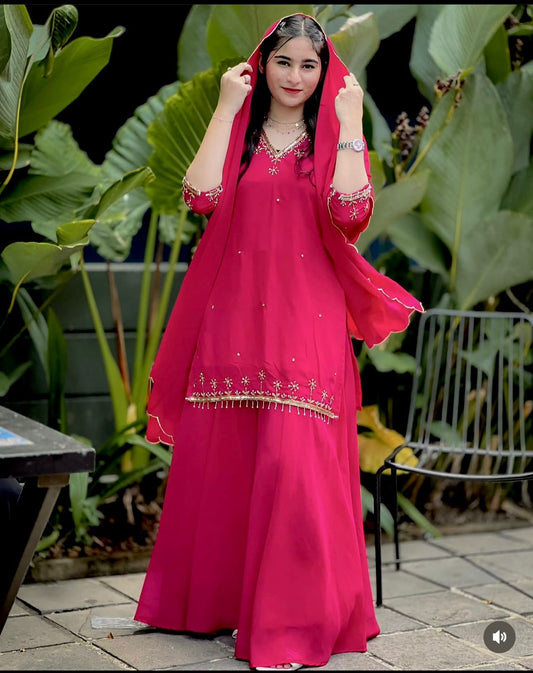 WW-1204 – Fox Georgette Top-Sarara-Dupatta Set - Pink