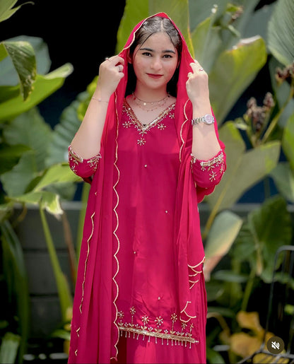 WW-1204 – Fox Georgette Top-Sarara-Dupatta Set - Pink