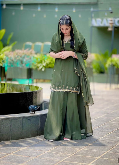 WW-1204 – Fox Georgette Top-Sarara-Dupatta Set - Green