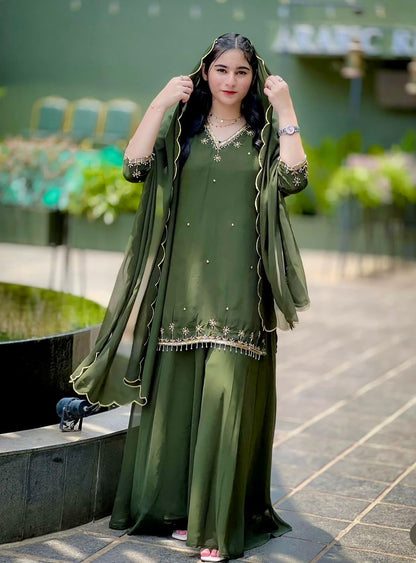 WW-1204 – Fox Georgette Top-Sarara-Dupatta Set - Green