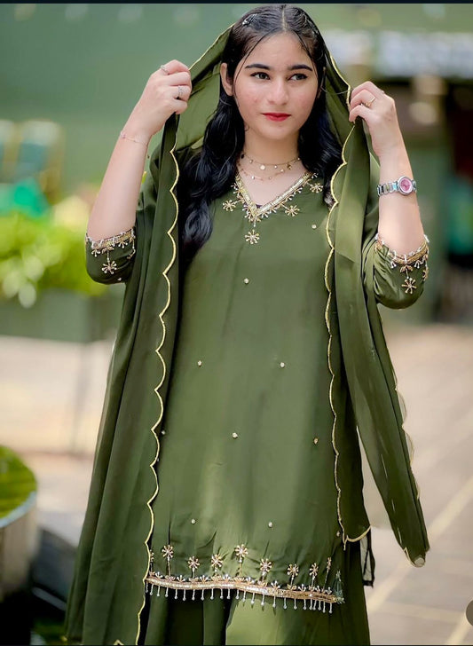 WW-1204 – Fox Georgette Top-Sarara-Dupatta Set - Green