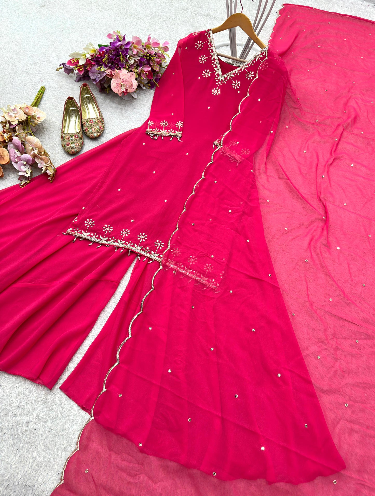 WW-1204 – Fox Georgette Top-Sarara-Dupatta Set - Pink