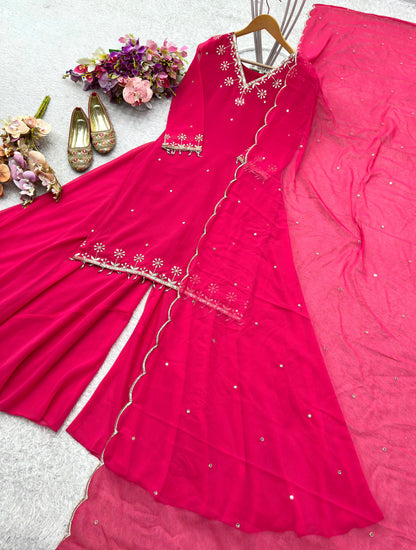 WW-1204 – Fox Georgette Top-Sarara-Dupatta Set - Pink