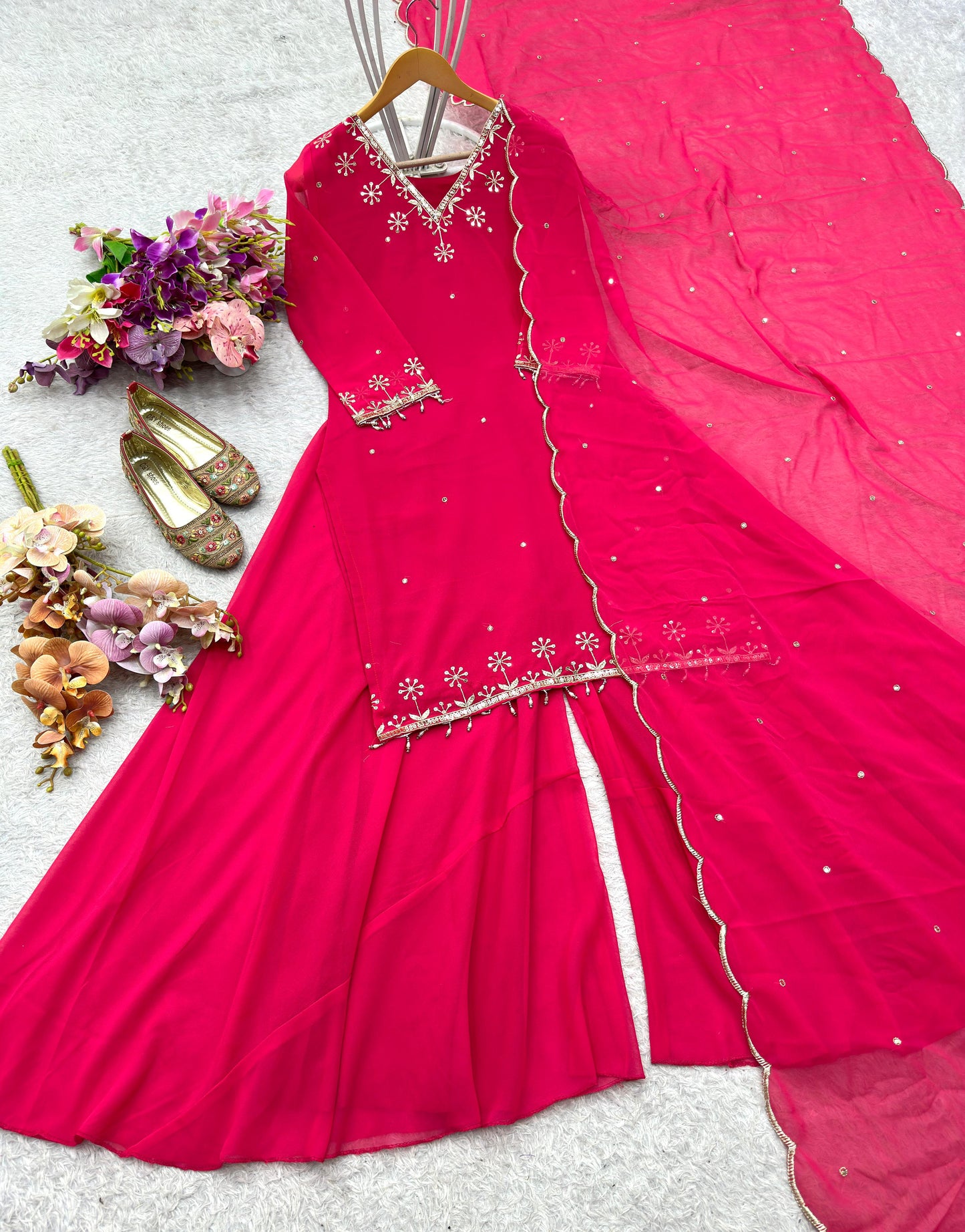 WW-1204 – Fox Georgette Top-Sarara-Dupatta Set - Pink