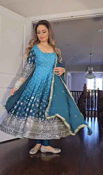 PD1086 – Dual Tone Chinon Silk Anarkali Gown Set - Blue