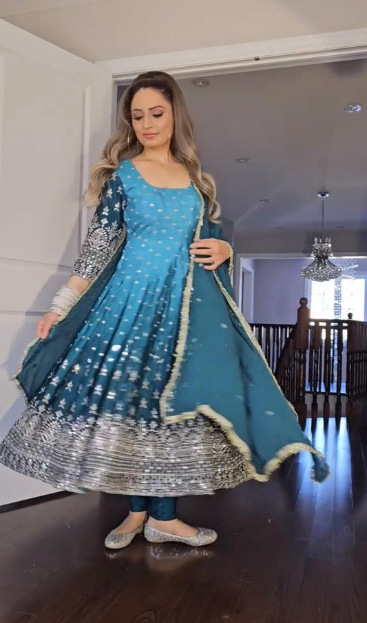 PD1086 – Dual Tone Chinon Silk Anarkali Gown Set - Blue