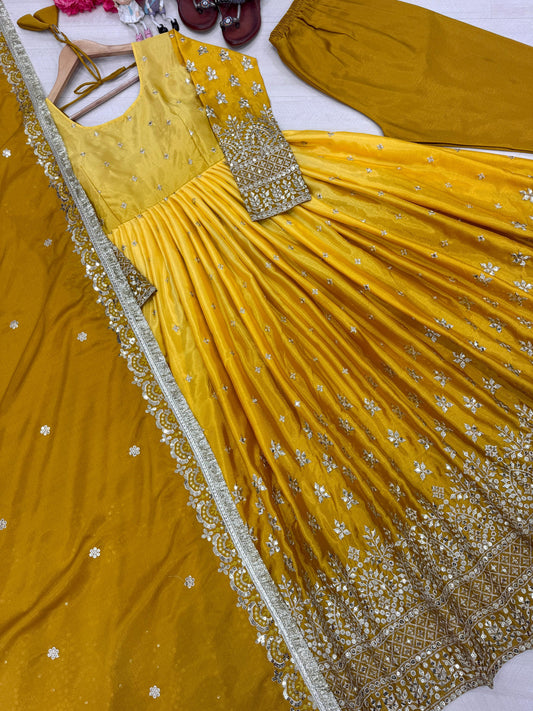 PD1086 – Dual Tone Chinon Silk Anarkali Gown Set - Yellow