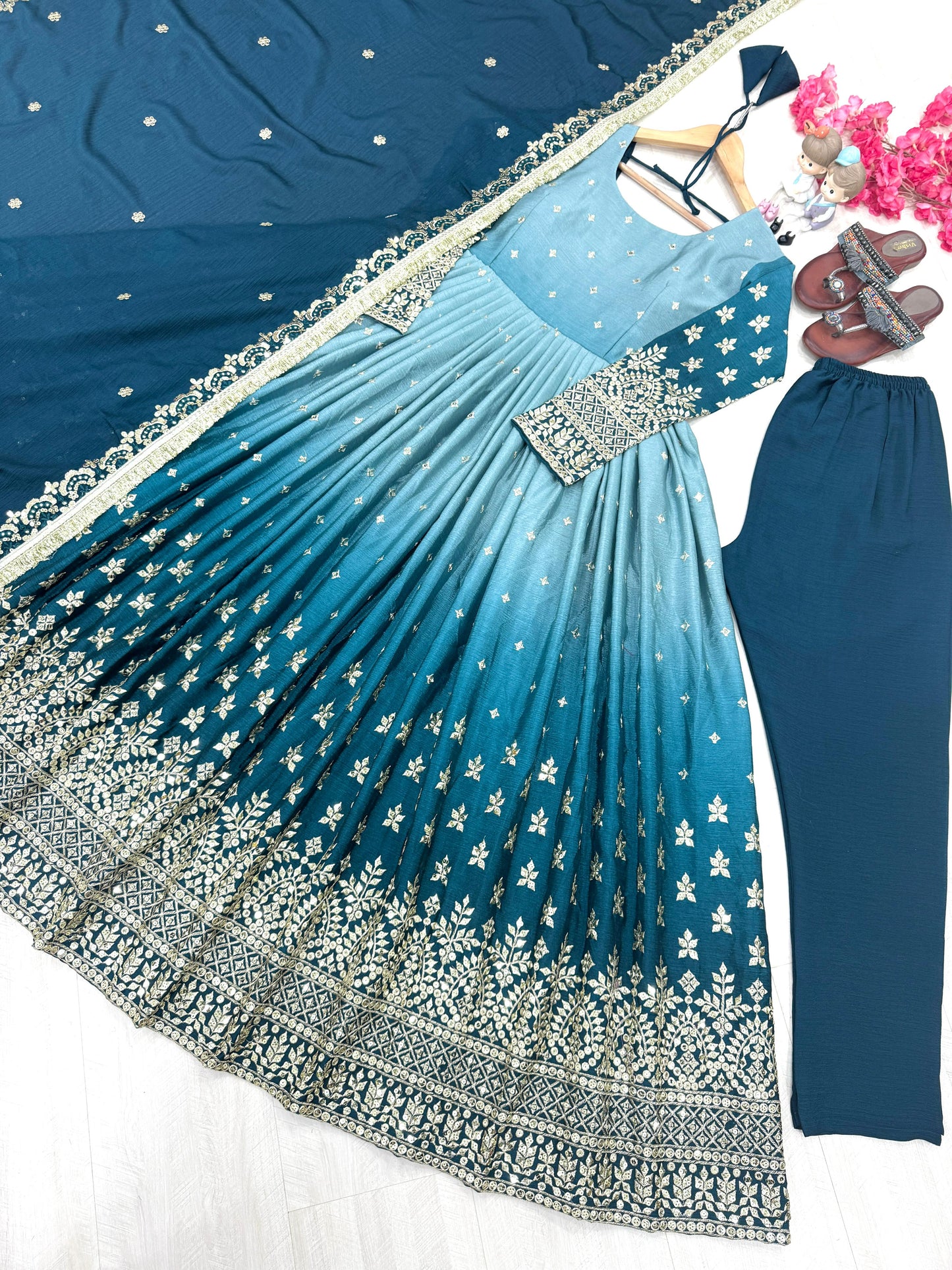 PD1086 – Dual Tone Chinon Silk Anarkali Gown Set - Blue