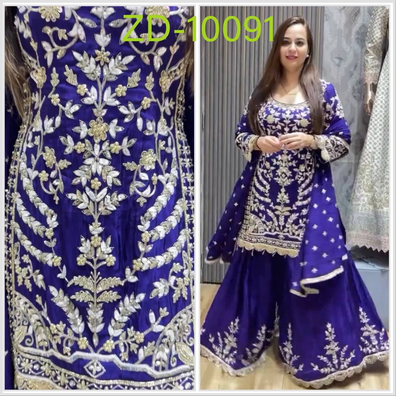 ZD-10091 – Embroidered Chinon Silk Top-Sharara-Dupatta Set - BLUE
