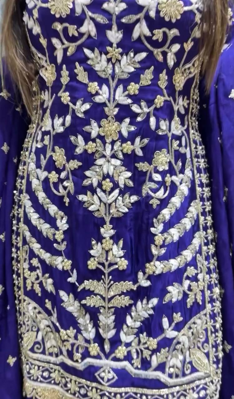 ZD-10091 – Embroidered Chinon Silk Top-Sharara-Dupatta Set - BLUE
