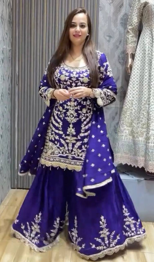 ZD-10091 – Embroidered Chinon Silk Top-Sharara-Dupatta Set - BLUE