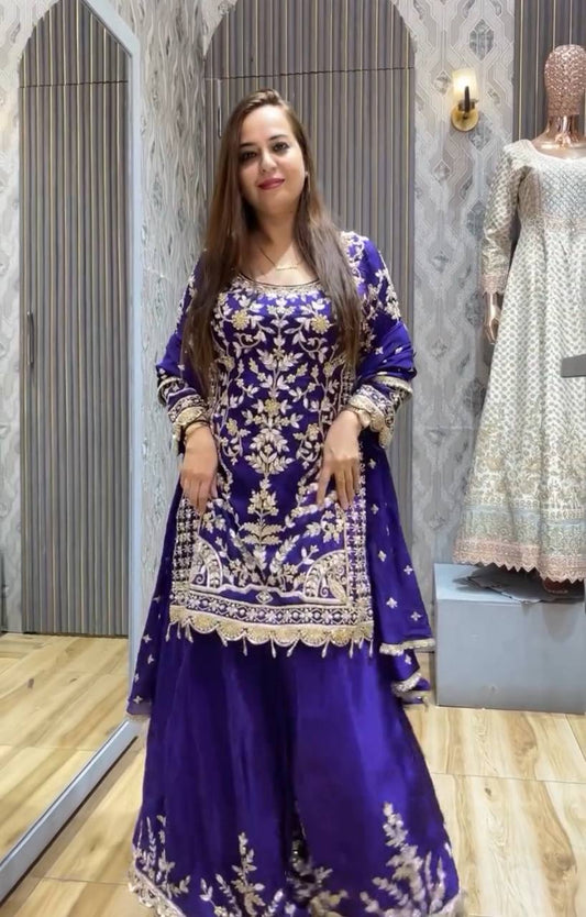 ZD-10091 – Embroidered Chinon Silk Top-Sharara-Dupatta Set - BLUE