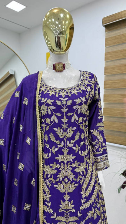 ZD-10091 – Embroidered Chinon Silk Top-Sharara-Dupatta Set - BLUE