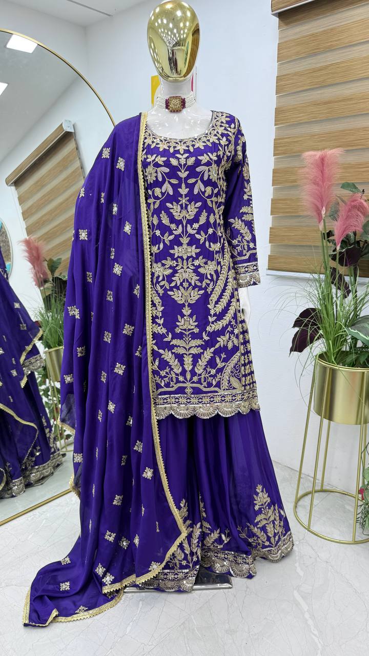 ZD-10091 – Embroidered Chinon Silk Top-Sharara-Dupatta Set - BLUE