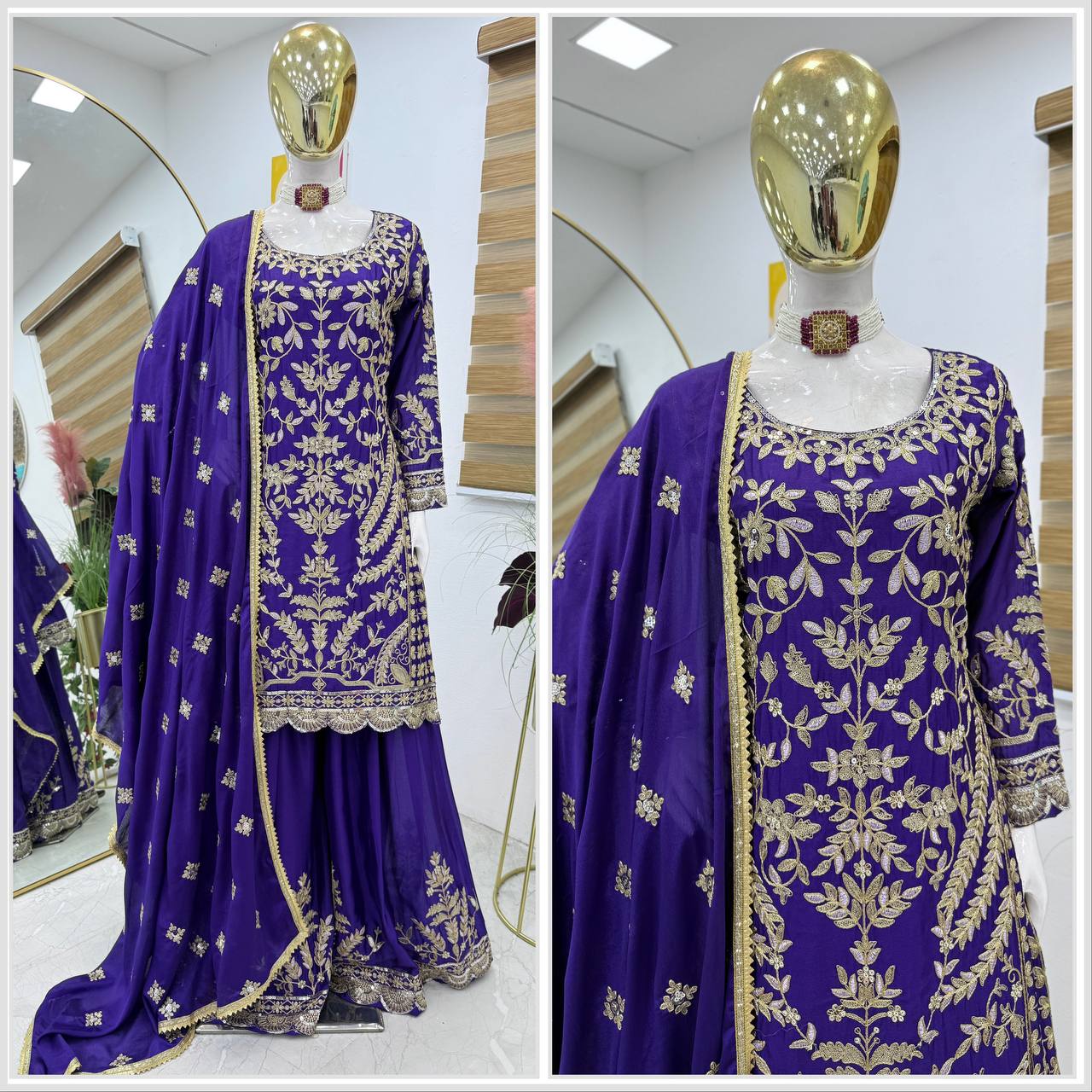 ZD-10091 – Embroidered Chinon Silk Top-Sharara-Dupatta Set - BLUE