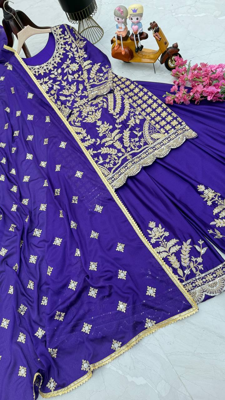 ZD-10091 – Embroidered Chinon Silk Top-Sharara-Dupatta Set - BLUE