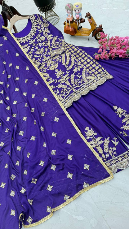 ZD-10091 – Embroidered Chinon Silk Top-Sharara-Dupatta Set - BLUE