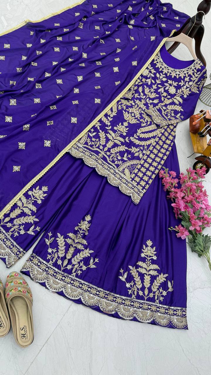 ZD-10091 – Embroidered Chinon Silk Top-Sharara-Dupatta Set - BLUE