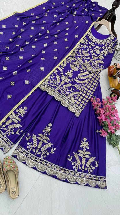 ZD-10091 – Embroidered Chinon Silk Top-Sharara-Dupatta Set - BLUE