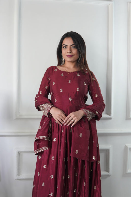 WW-1205 – Chinon Silk Gown-Pant-Dupatta Set