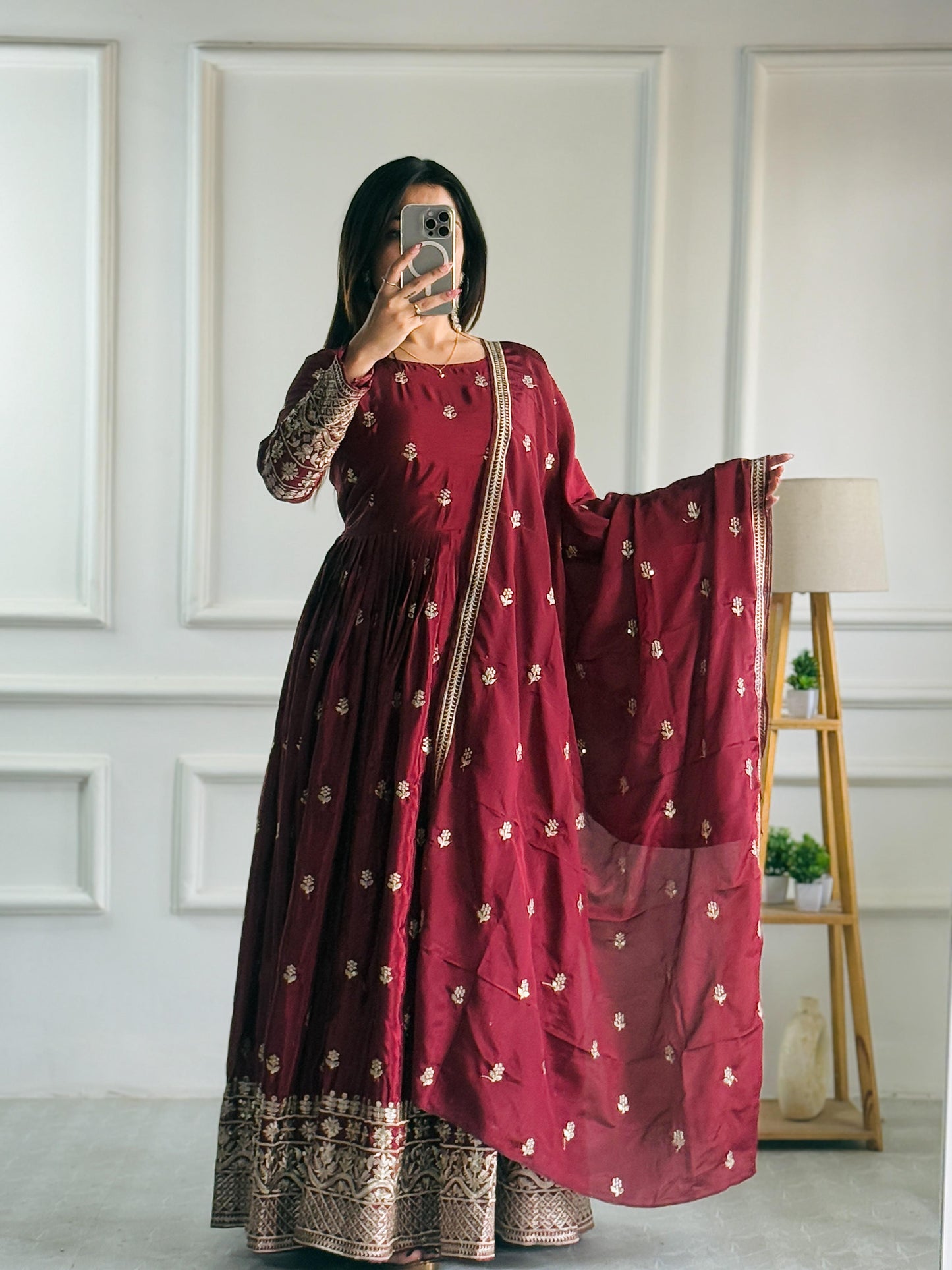WW-1205 – Chinon Silk Gown-Pant-Dupatta Set