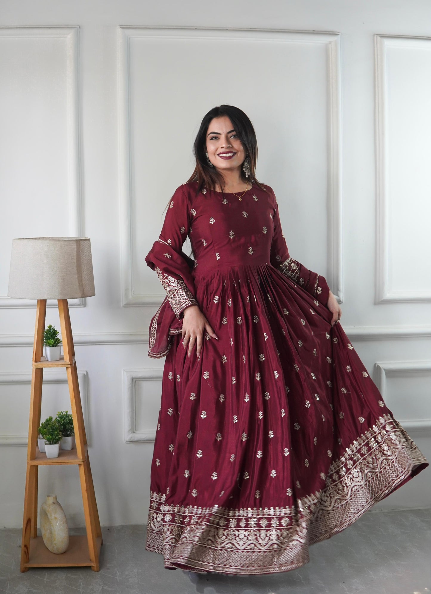 WW-1205 – Chinon Silk Gown-Pant-Dupatta Set