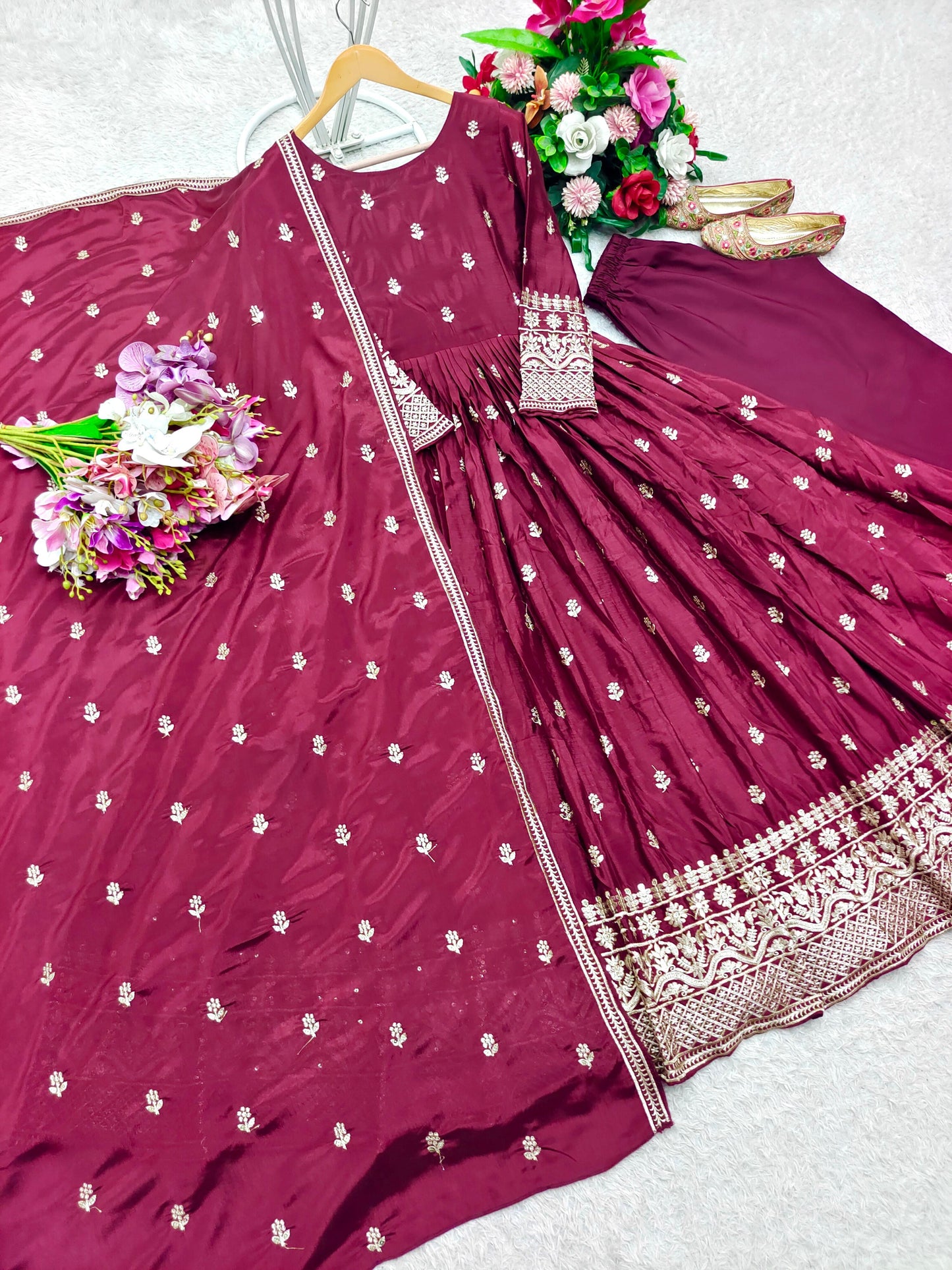 WW-1205 – Chinon Silk Gown-Pant-Dupatta Set